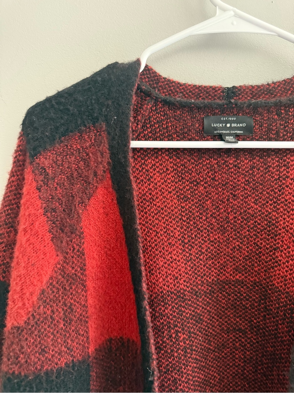 Lucky Brand Woman’s Black Red Buffalo Plaid Cardigan Sweater SZ M Long Pockets